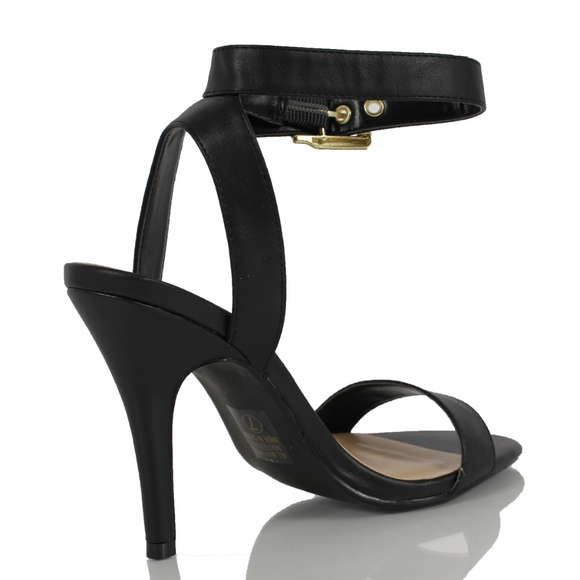 Black Faux Leather Wide Strap Halter Heel Sandal - Picture 3 of 5